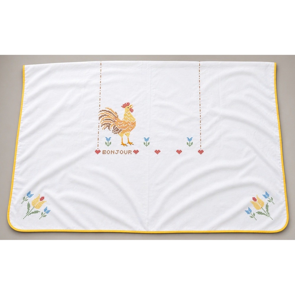Handmade‎ Cross Stitch Rooster Bonjour Tablecloth 68x50 French Country Kitch